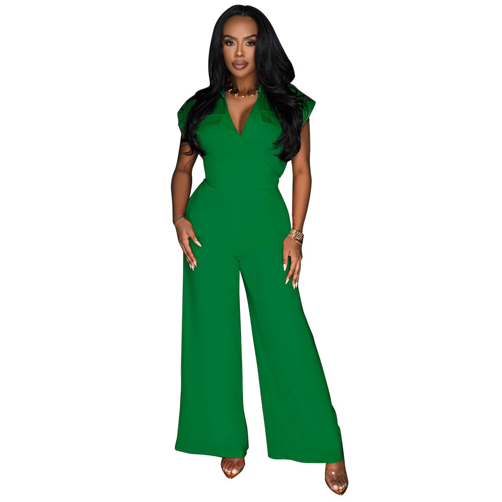 Fashionable Women's Solid Color Sleeveless V-Neck Wide Leg Jumpsuit 6