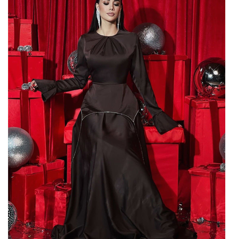 Women's Fashionable Solid Color Long Sleeve Chic Diamond Chain Long Dress 5