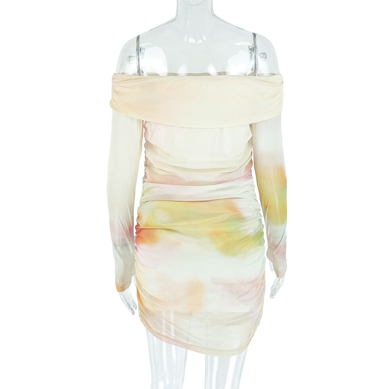 Women Printed Casual Pleated Bodycon Off Shoulder Strapless Dress 5