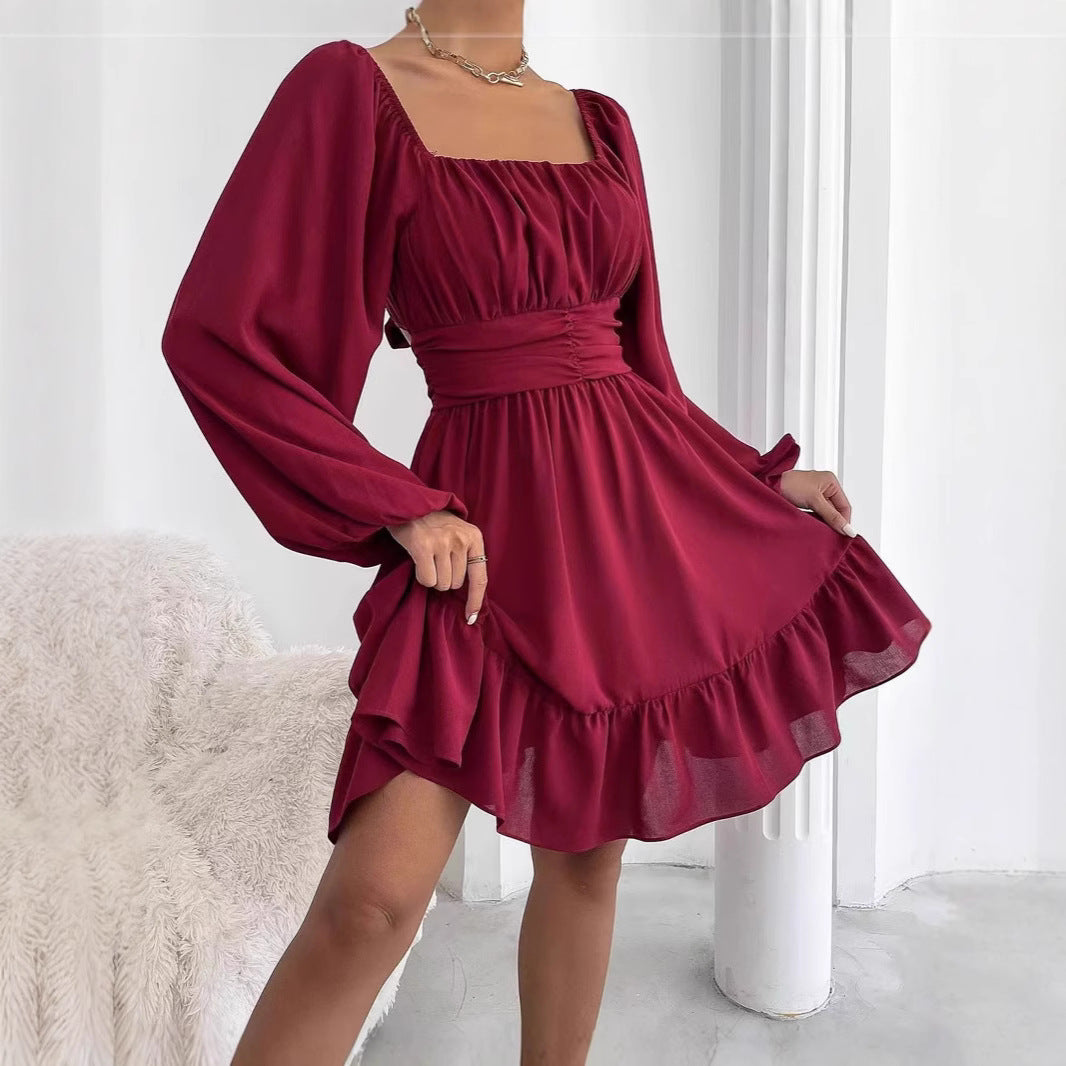 Women's Sexy Fashion Solid Color Lace-Up Bell Bottom Sleeve Ruffle Jumpsuit 4