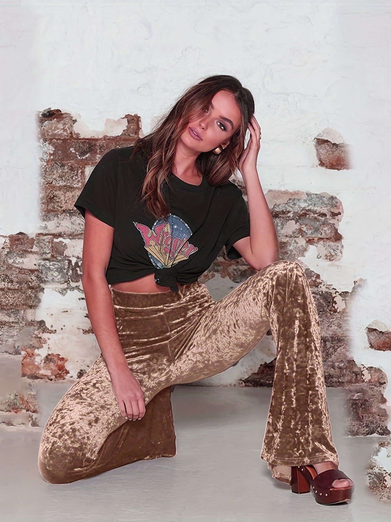 Women High Waist Gold Velvet Casual Wide Leg Bell-Bottom Pants 14