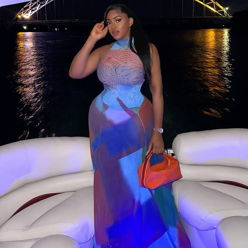 Women's Fashion Print Halter Low Back Sleeveless Color Matching Maxi Dress 4