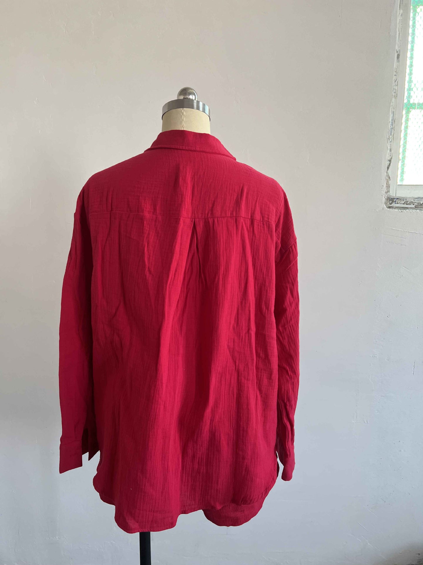 Women's Spring Crinkle Turndown Collar Long Sleeve Shirt High Waist Drawstring Shorts  2PC Set 21