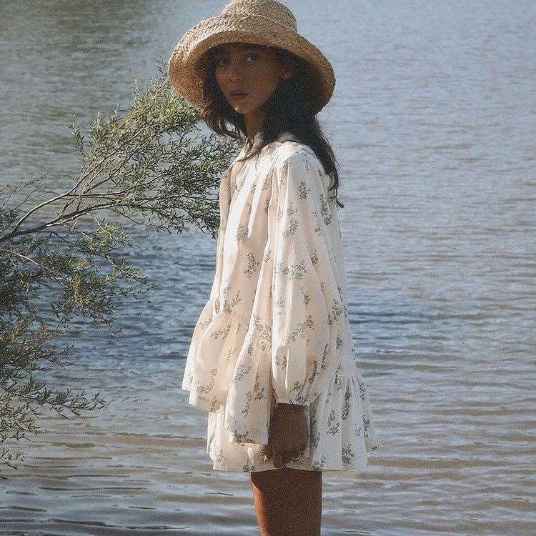 Puff Sleeve Ruffled Puff Shirt Printed Shorts Two Piece Set 3