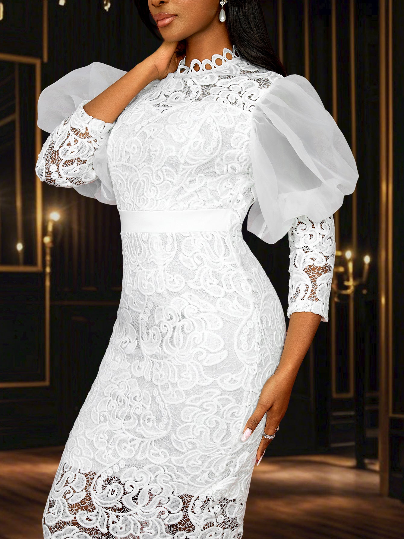 Lace Formal Party Puff-Sleeve Mid-Length Dress 5