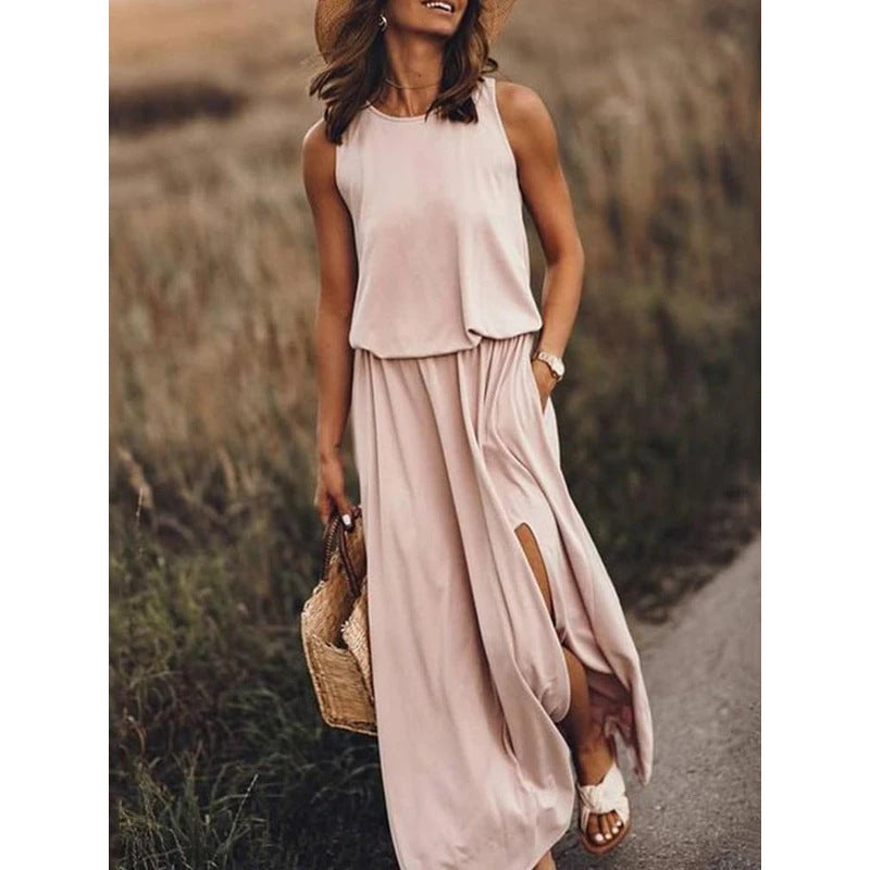 Summer Women's Trendy Retro Round Neck Sleeveless Slit Solid Color Casual Dress