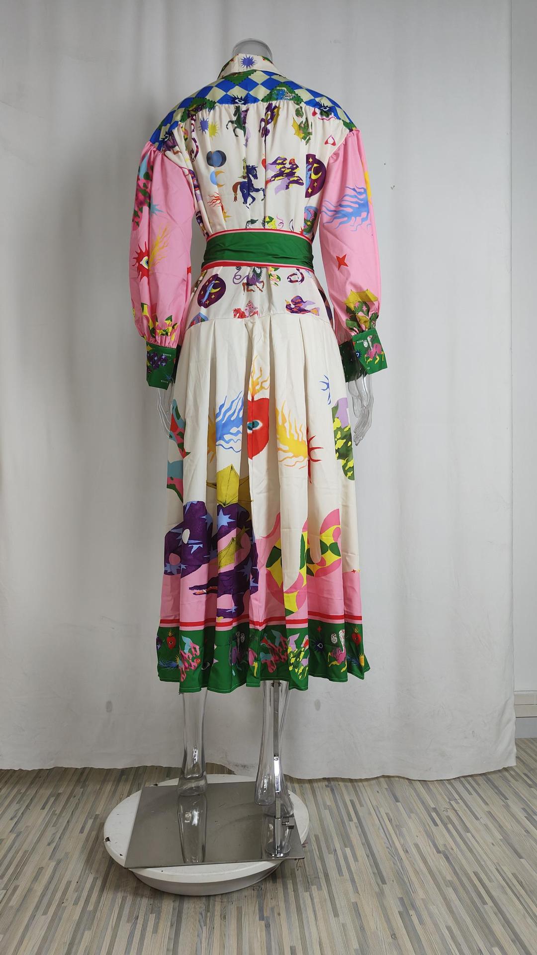 Women Chic Balloon Sleeve Turndown Collar Long Sleeve Dress 36