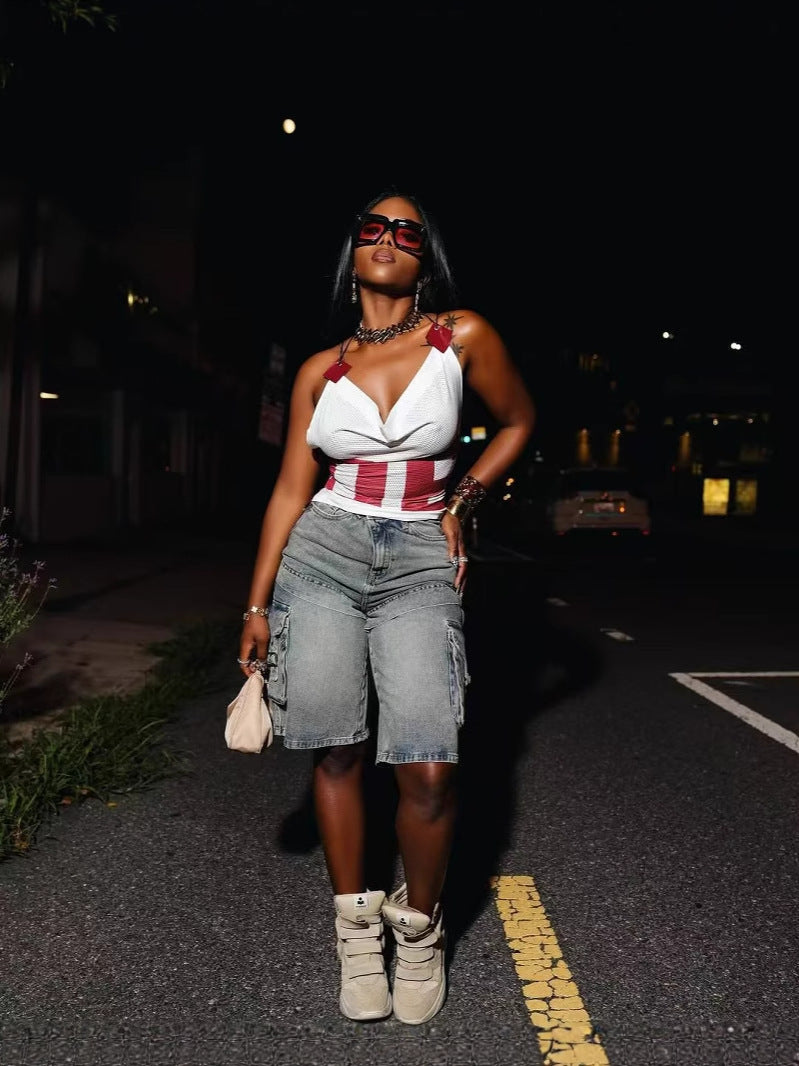 Women summer trendy cargo denim shorts 3