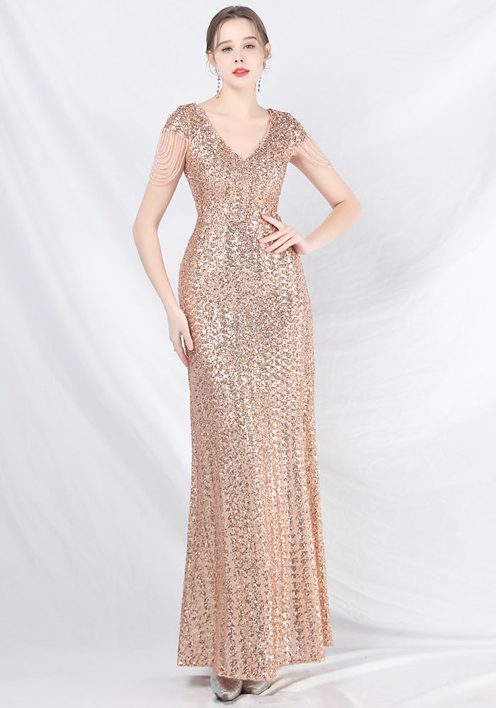 luxury beaded sequins long A-line evening dress