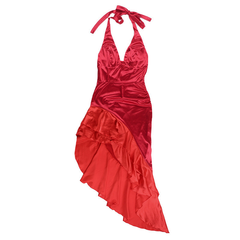 Women Solid V-Neck Ruffle Halter Neck Dress 9