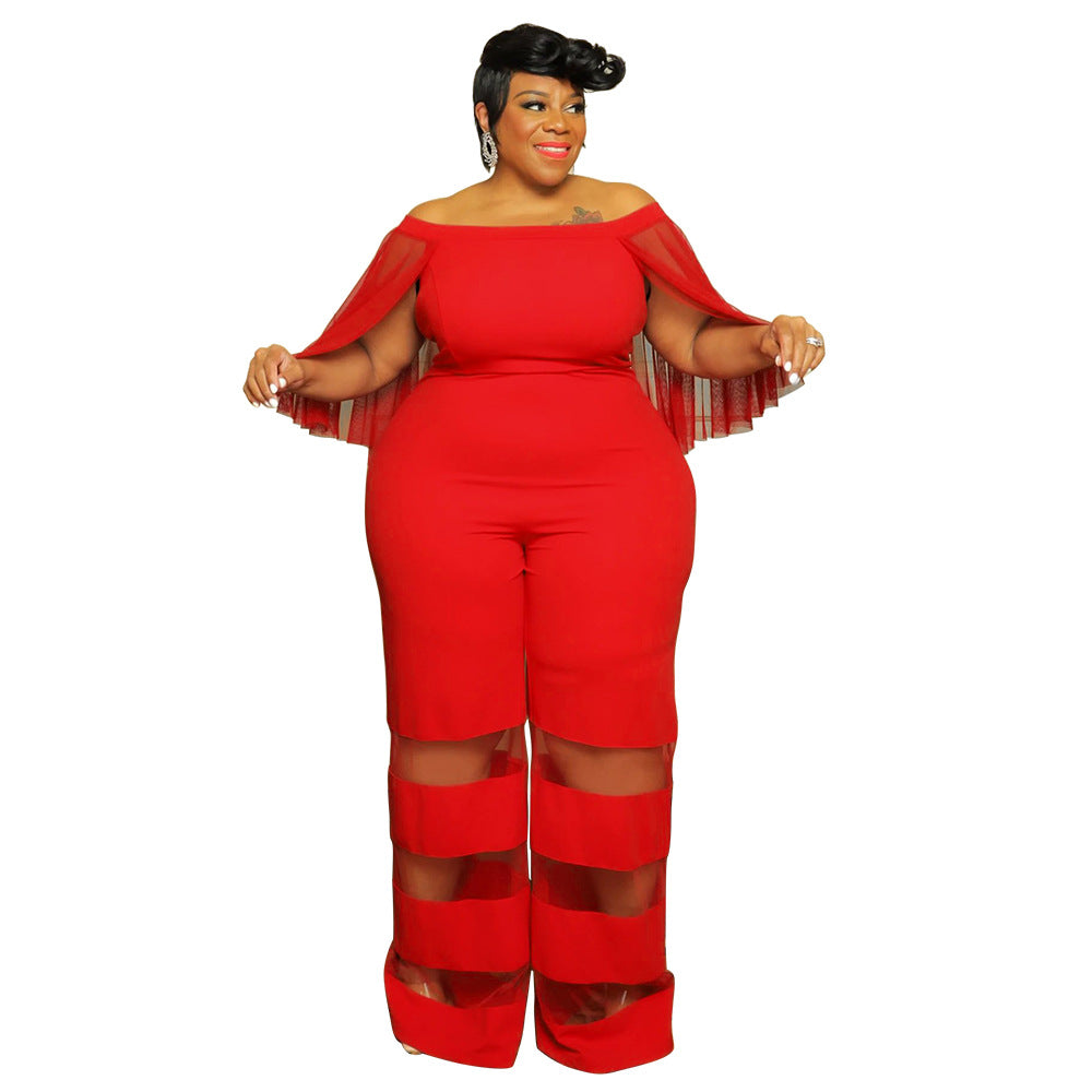 Women'S Off Shoulder Mesh Patchwork Sexy Casual Chic Plus Size Jumpsuit 10