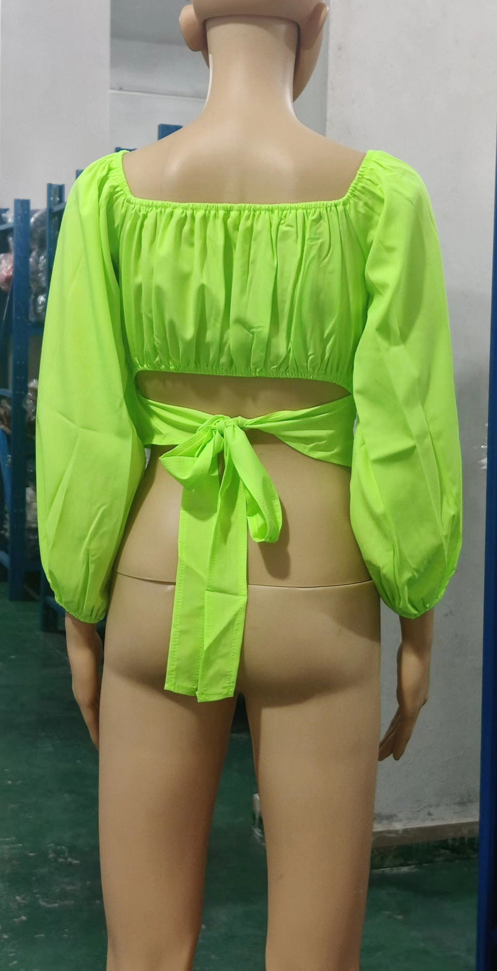 Top Women's Solid Color Lantern Sleeve Off Shoulder Sexy Puff Sleeve Crop Shirt 18