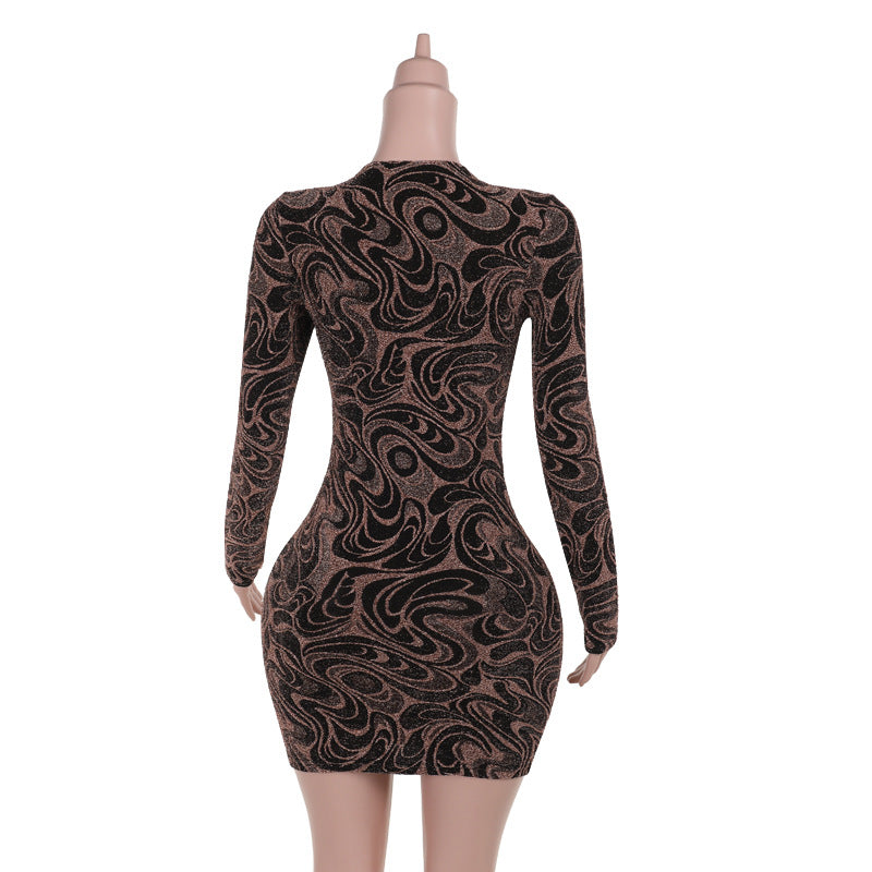 Sexy Deep V Neck Print Hollow Long Sleeve Women Slim Short Dress 6