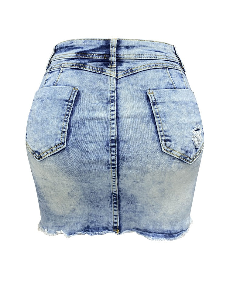 Spring Summer Style Women's Stretch Tight Fitting Ripped High Waist Zipper Denim Short Skirt 10