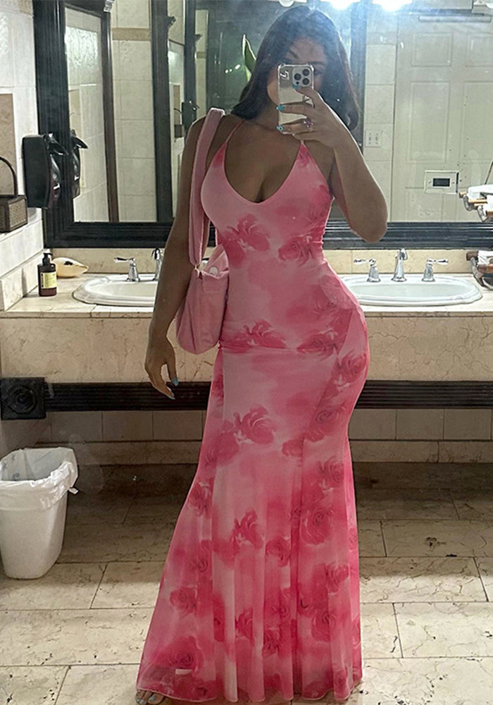 Women Summer Casual Printed Backless Strappy Fishtail Maxi Dress