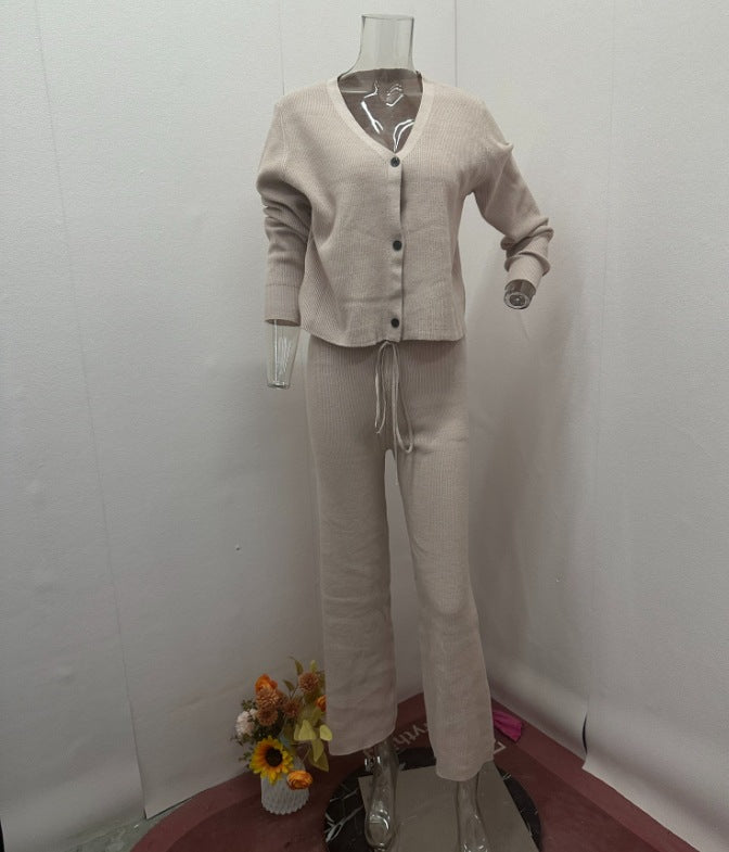 Women autumn solid v neck knitting top and trousers two-piece set 9