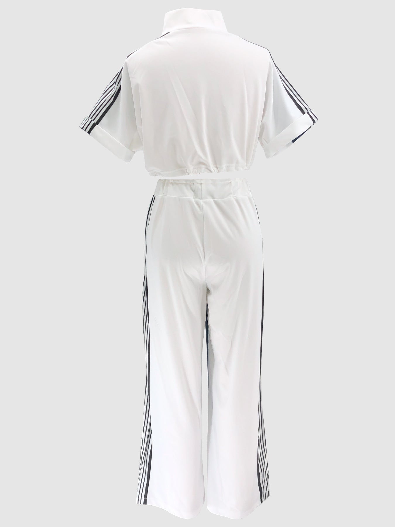 Women Denim Contrast Color Stand Collar Zipper Top Wide-Leg Pants Two-Piece Set 11