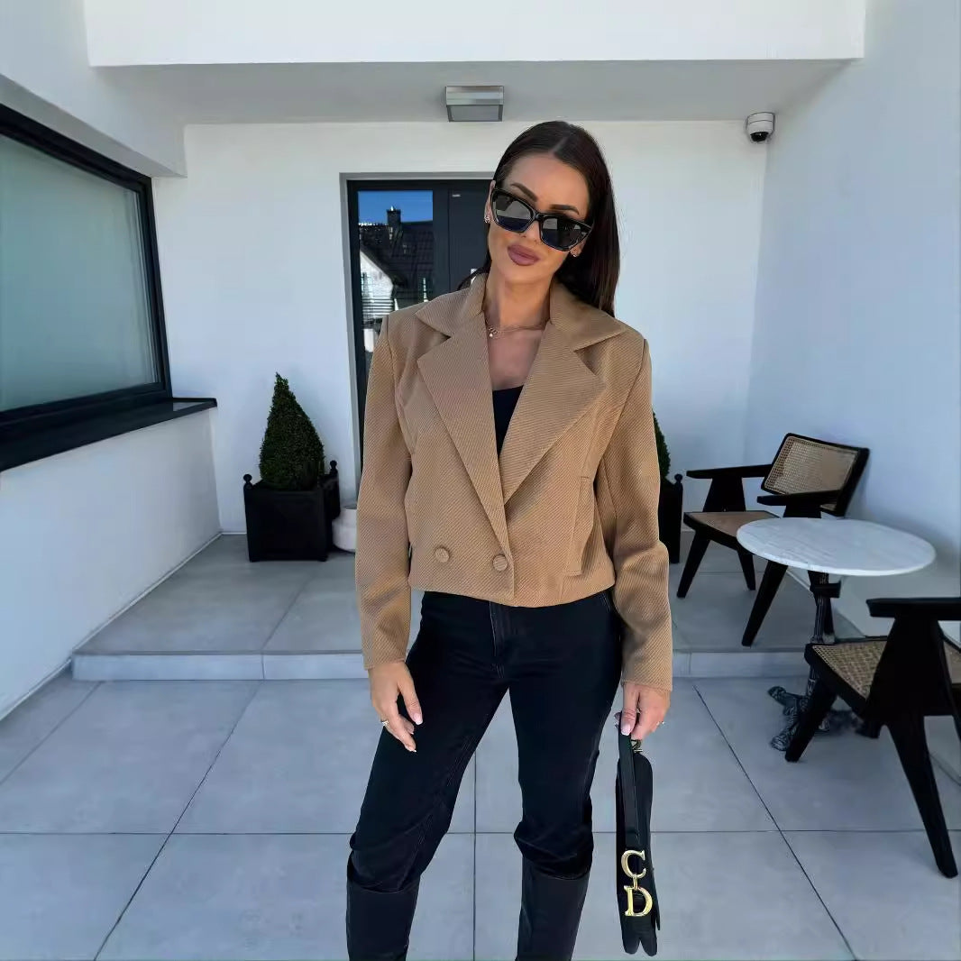 Autumn Winter Fashion Turndown Collar Solid Color Short Coat Women's Clothing 9