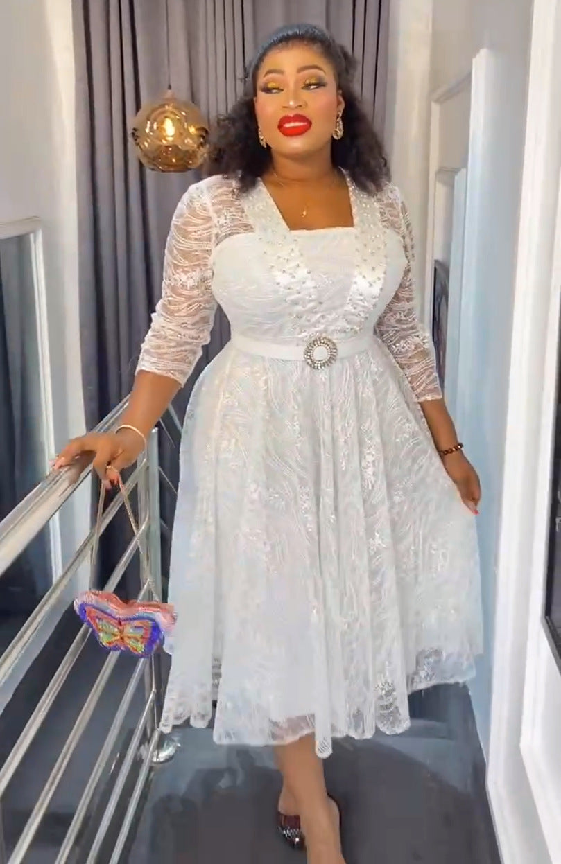African Clothing Plus Size Women's Lace Patchwork Beaded A-Line High Waist Dress With Belt 6