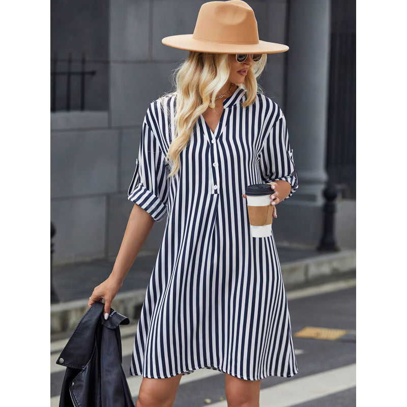 Women striped long-sleeved V-neck shirt dress 5