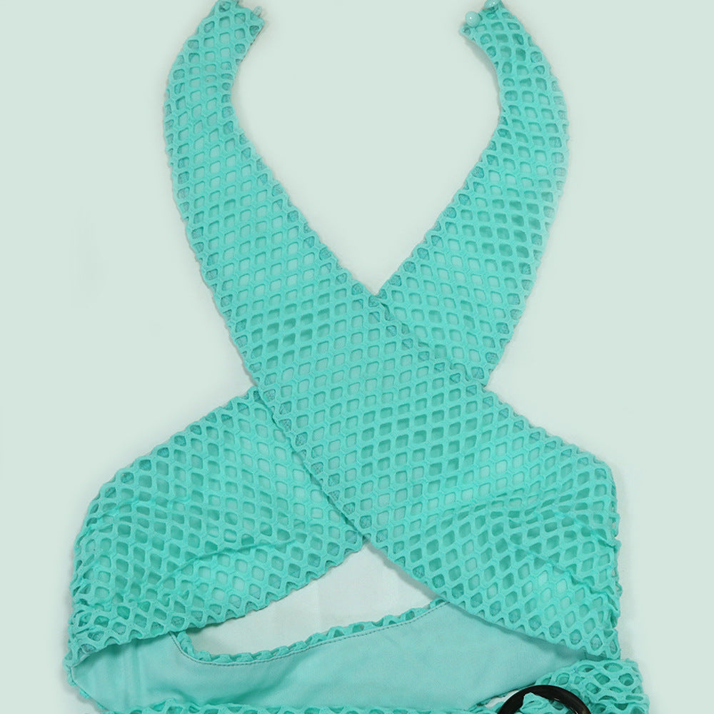 Sexy Halter Neck Mesh Slim High Slit Fashion Solid Color Long Dress 27