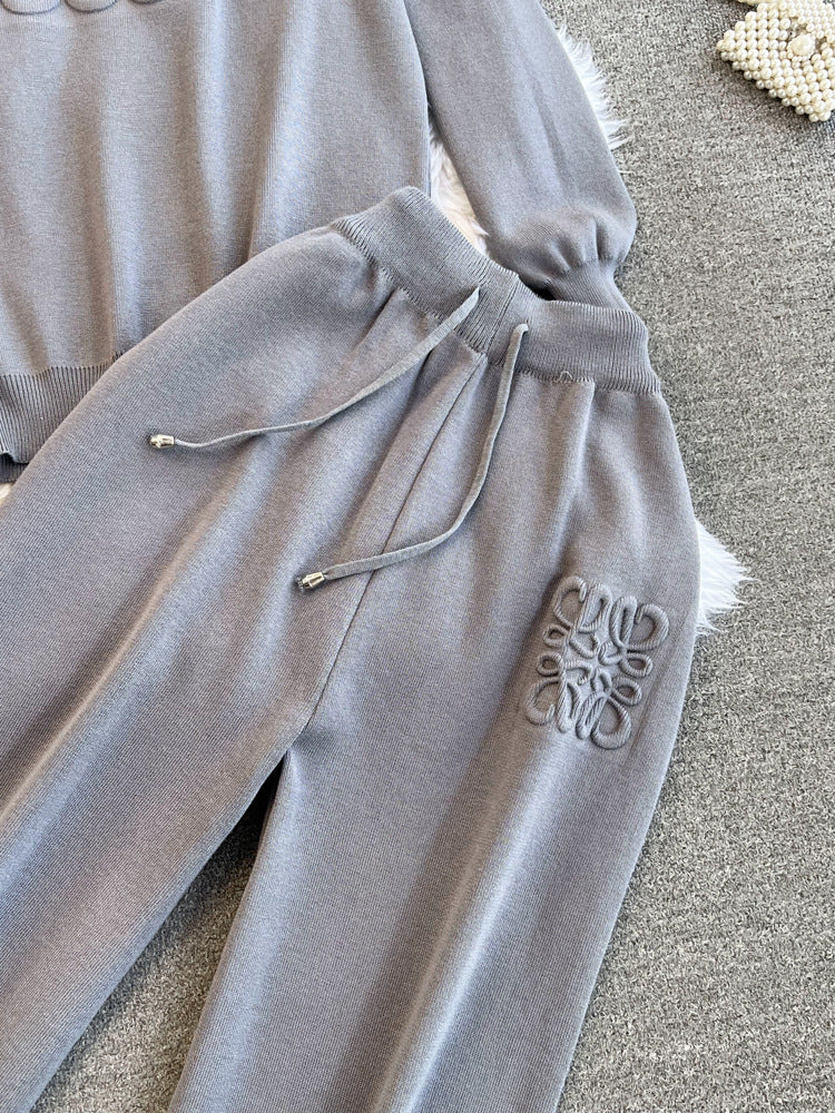 Trendy Women's Oversized Knit Hoodie High-Waisted Wide-Leg Pants Set 10