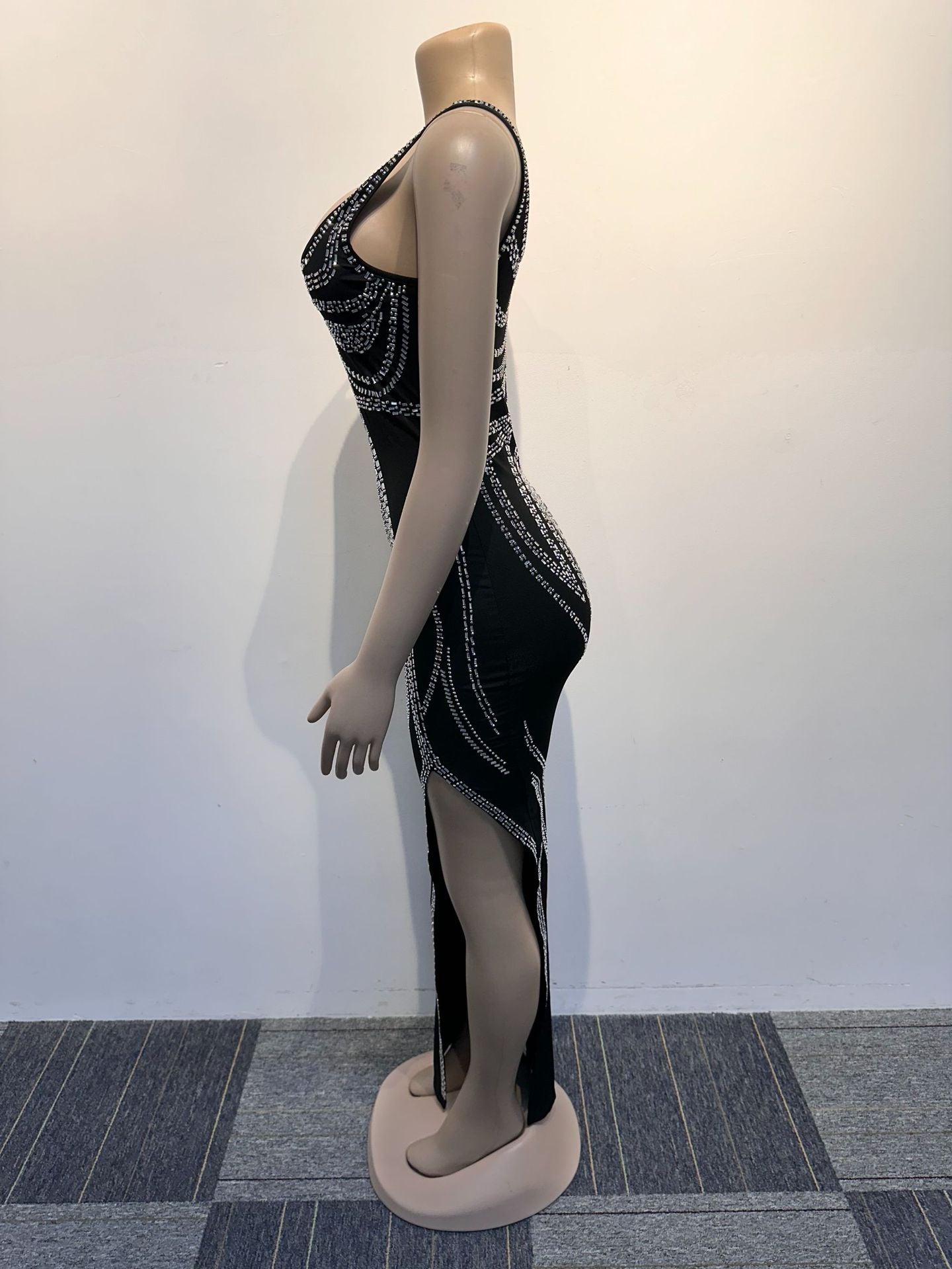 Women Sexy Beaded Sleeveless Bodycon Slit Dress 12