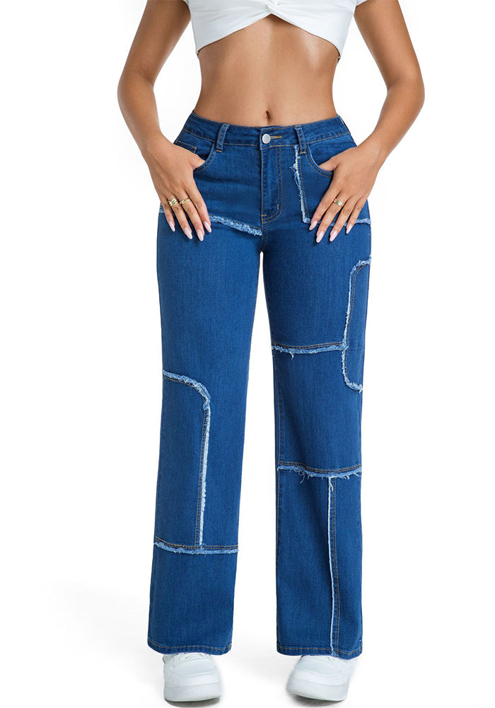 Women's Loose Straight-Leg Cargo Mid-Rise Wide-Leg Denim Pants