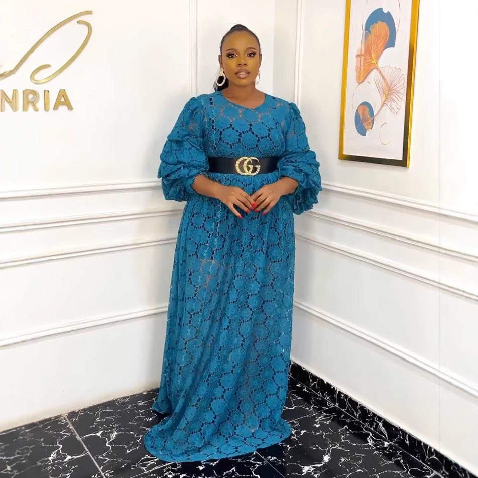 Plus Size Women African Round Neck Lace Dress 12