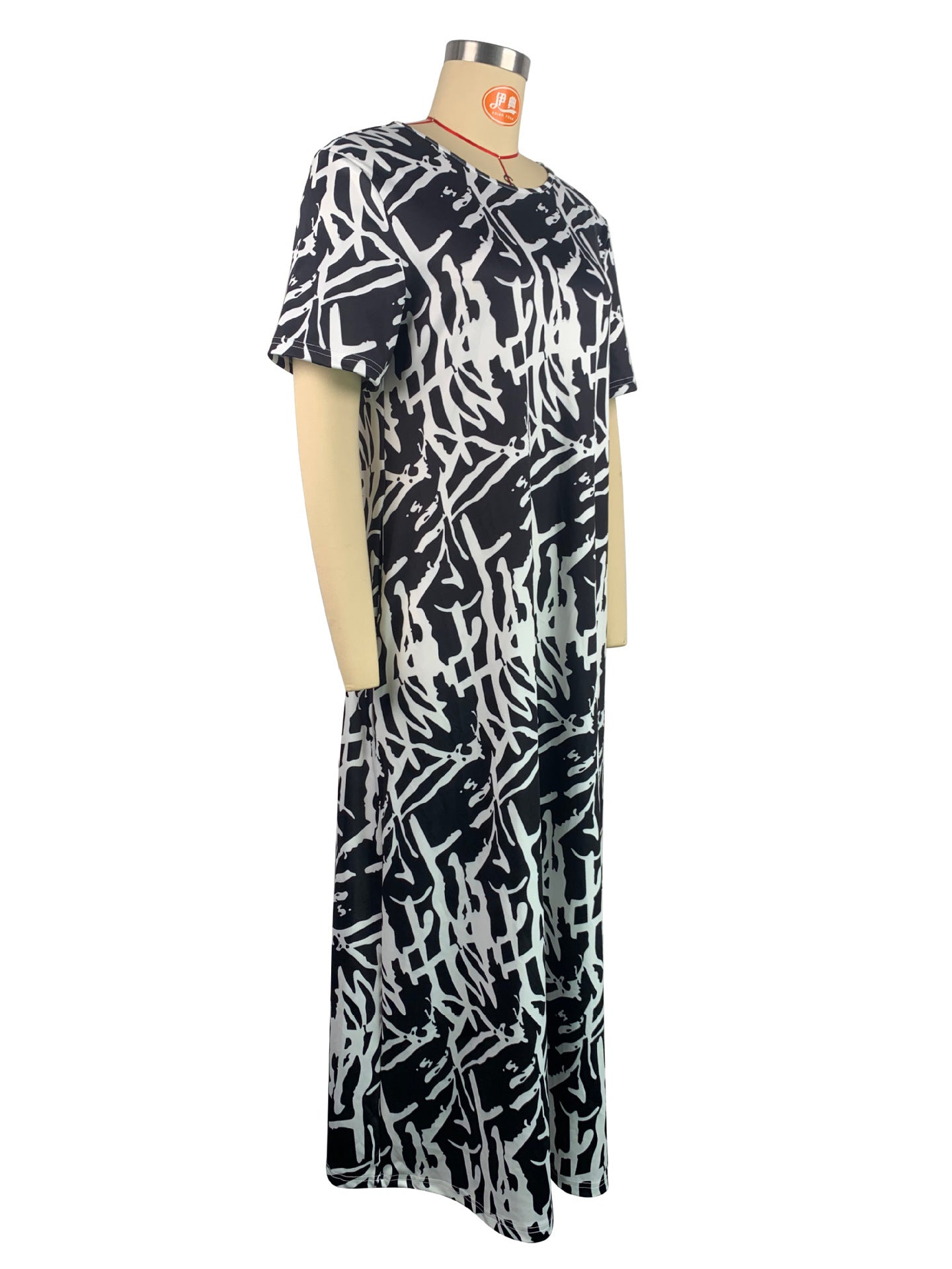 Women Casual Printed Black and White Short-Sleeve Round Neck Maxi Dress 8