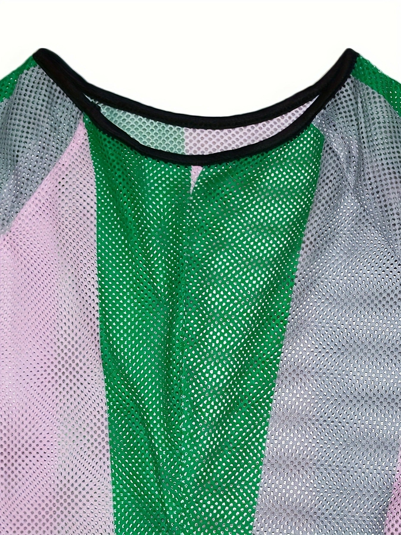 Plus Size Women Short Sleeve Striped Mesh Slit Dress 19