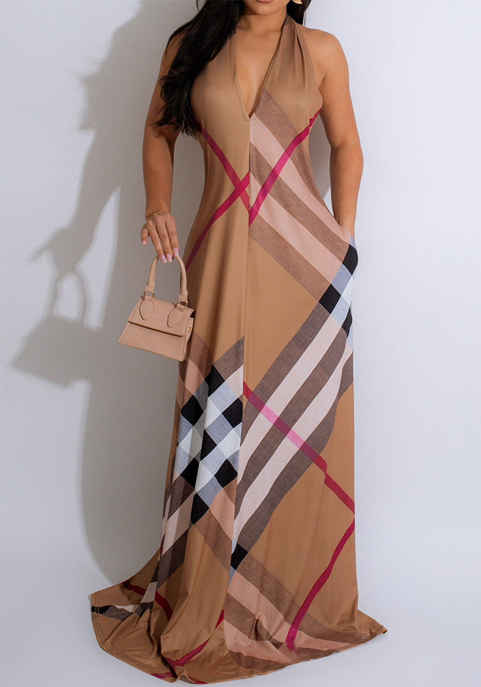 Women Sexy V-Neck Halter Neck Lace-Up Striped Print Sleeveless Casual Dress 3