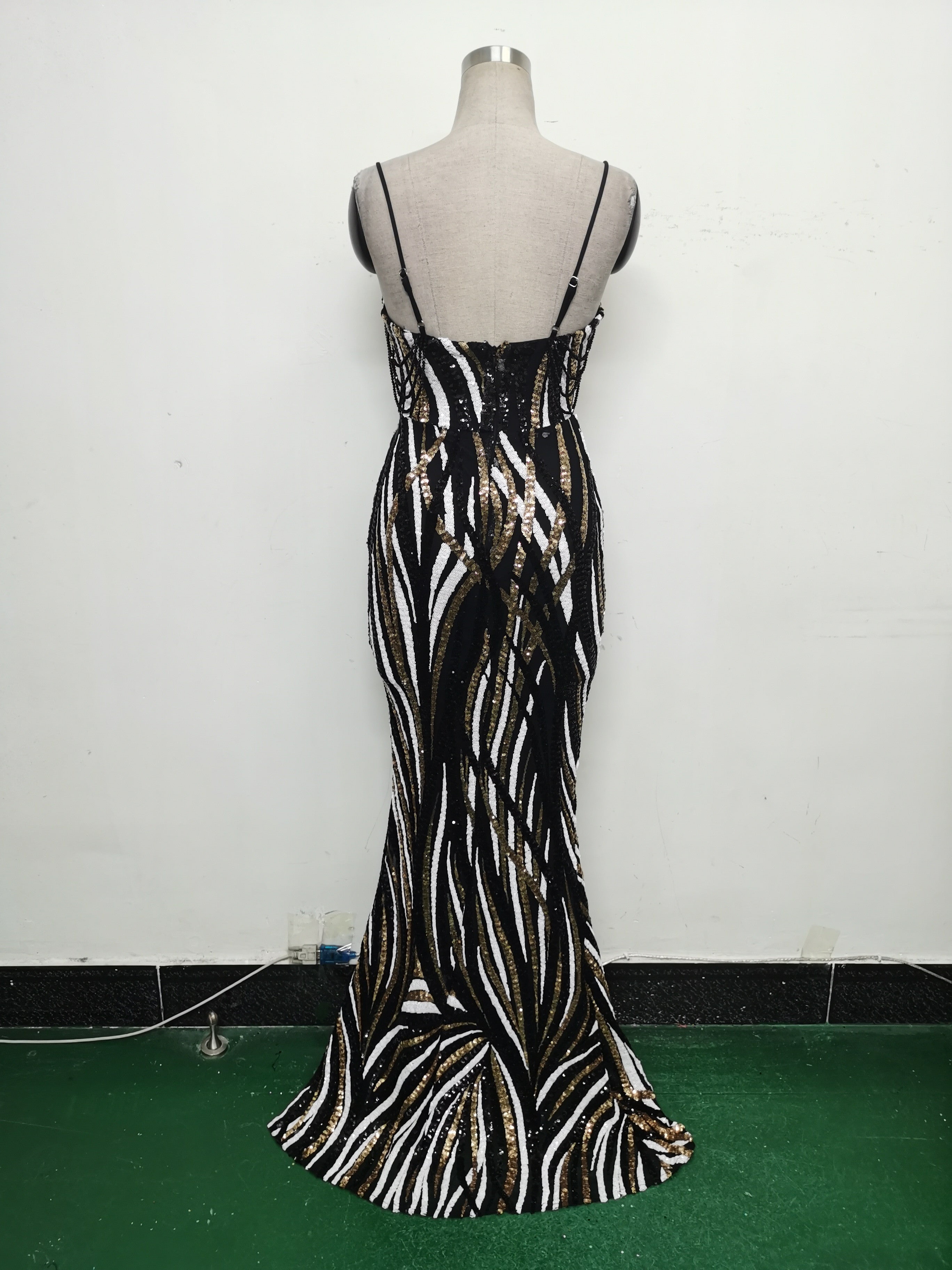 Women sequined striped color matching maxi evening dress 15