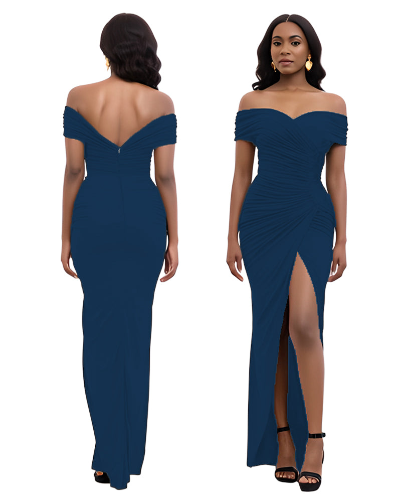 Solid Color Off Shoulder Slit Long Dress 4