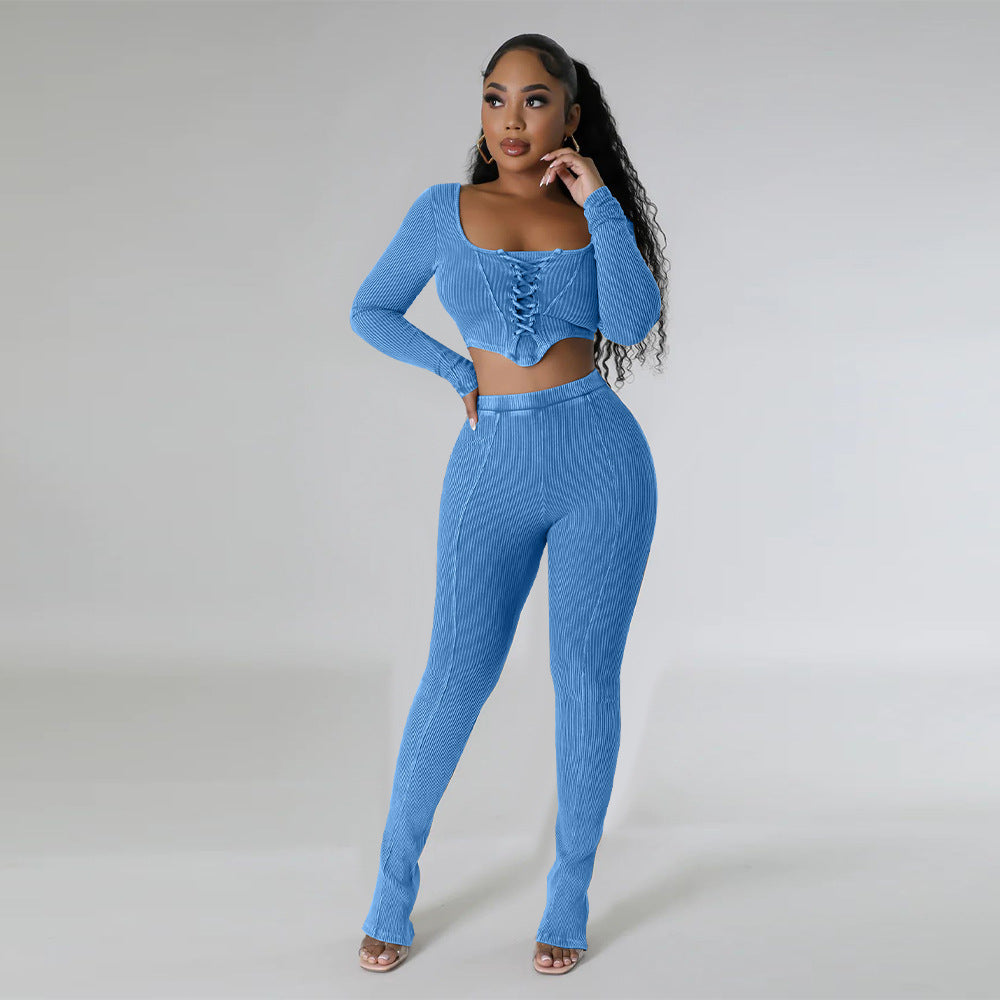 Women's Square Neck Long Sleeve Lace Up Top Sexy Tight Fitting Pencil Pants Fashion Two Piece Set 3