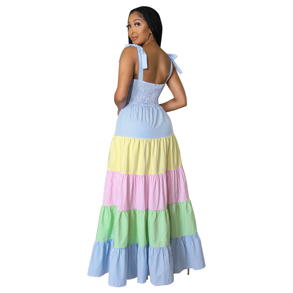 Women Fashion Contrast Striped Strap Maxi Dress 5