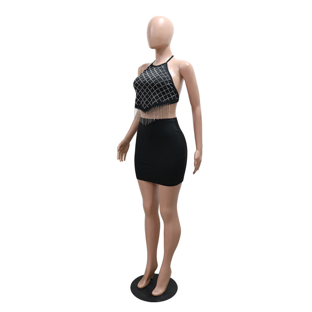 Fashion Sexy Lace-Up Beaded Tassel Top Bodycon Short Skirt Solid Color Two-Piece Set 8