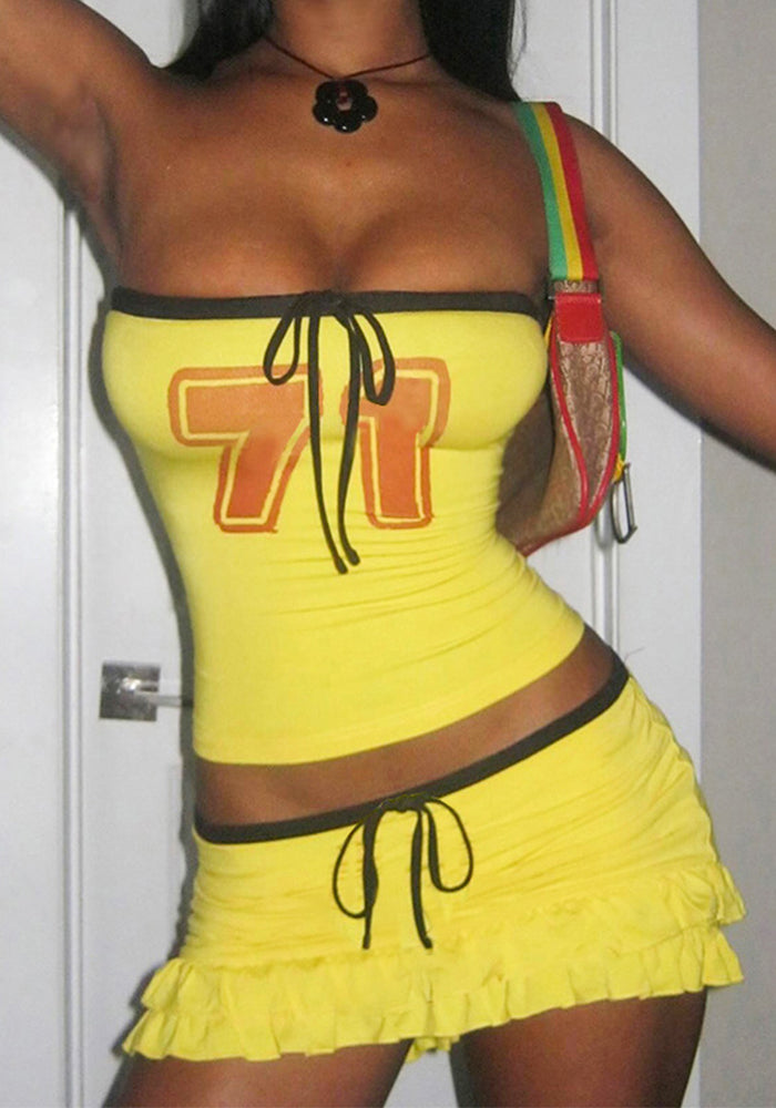 Women summer drawstring Lace-Up sleeveless Strapless Top And Ruffle Edge Skirt two-piece set