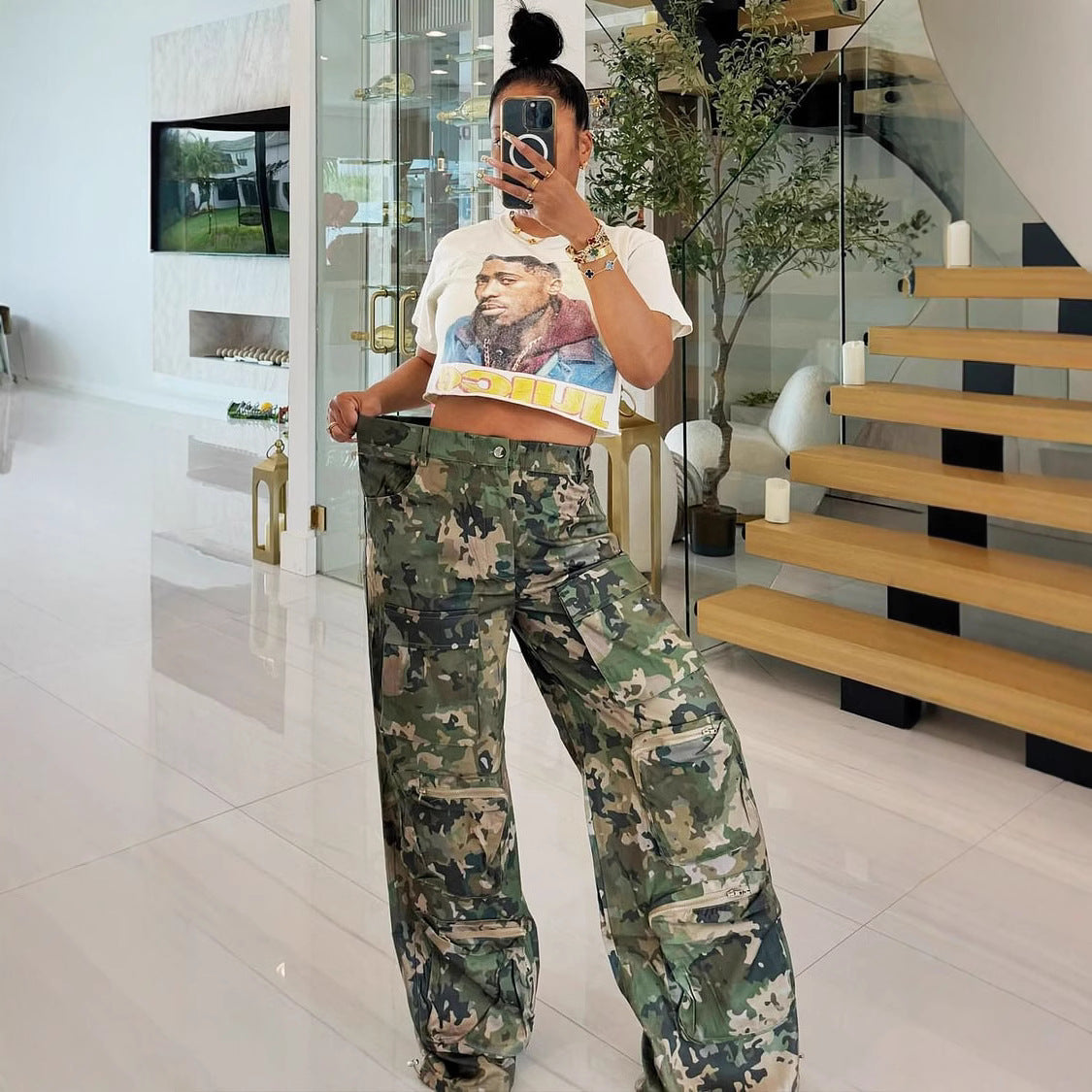 Summer Camouflage Print High-Waist Loose Cargo Pants 4