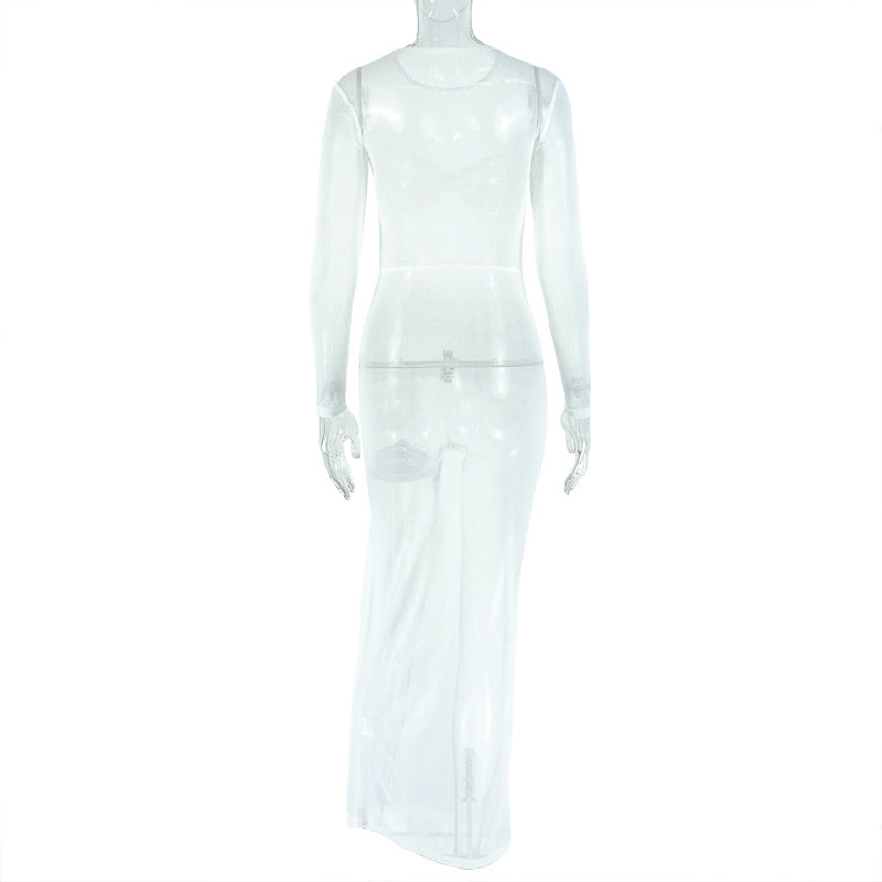 Women's Chic Slim Waist Transparent Pleated Lace-Up Round Neck Solid Color Long Dress 8