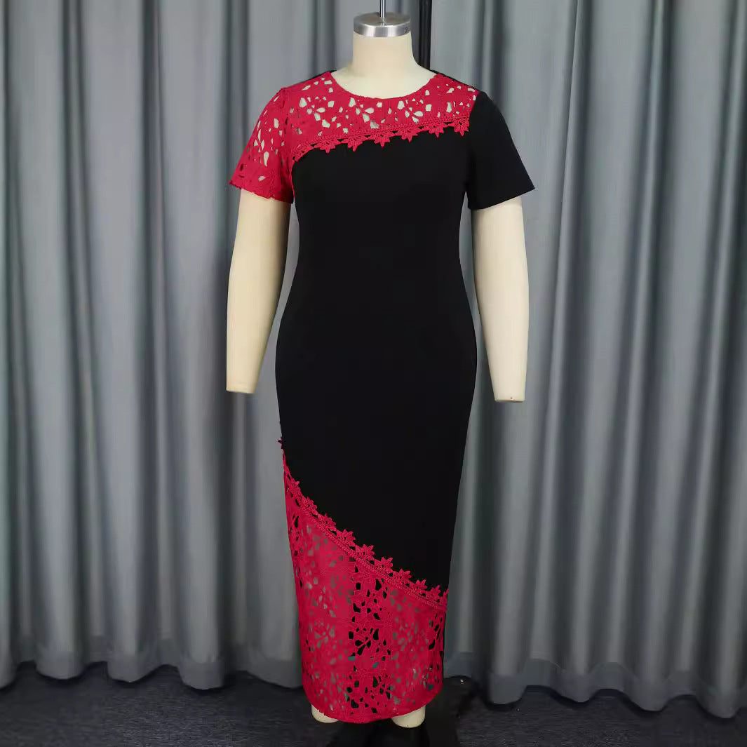 Round Neck Asymmetric Lace Patchwork Short Sleeve Party Dress