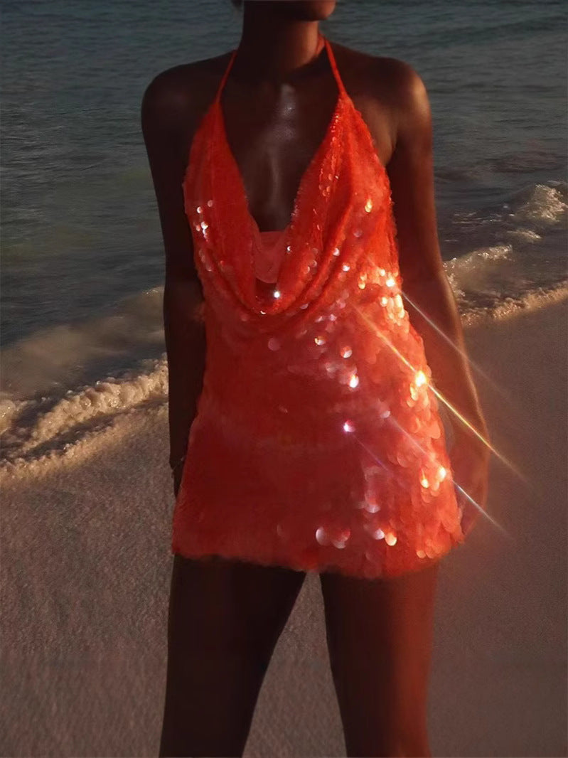 Sexy women'slow-cut hollow Strap Low Back sequined slim dress 6