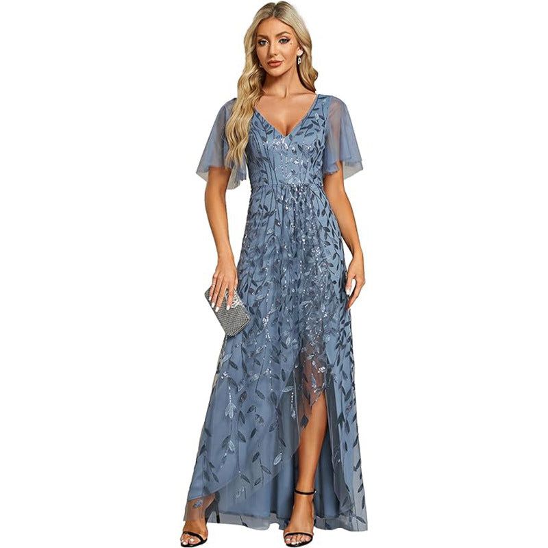 Elegant Embroidered Sequined Prom Dress Ruffle Sleeve Fishtail Long Evening Dress 19