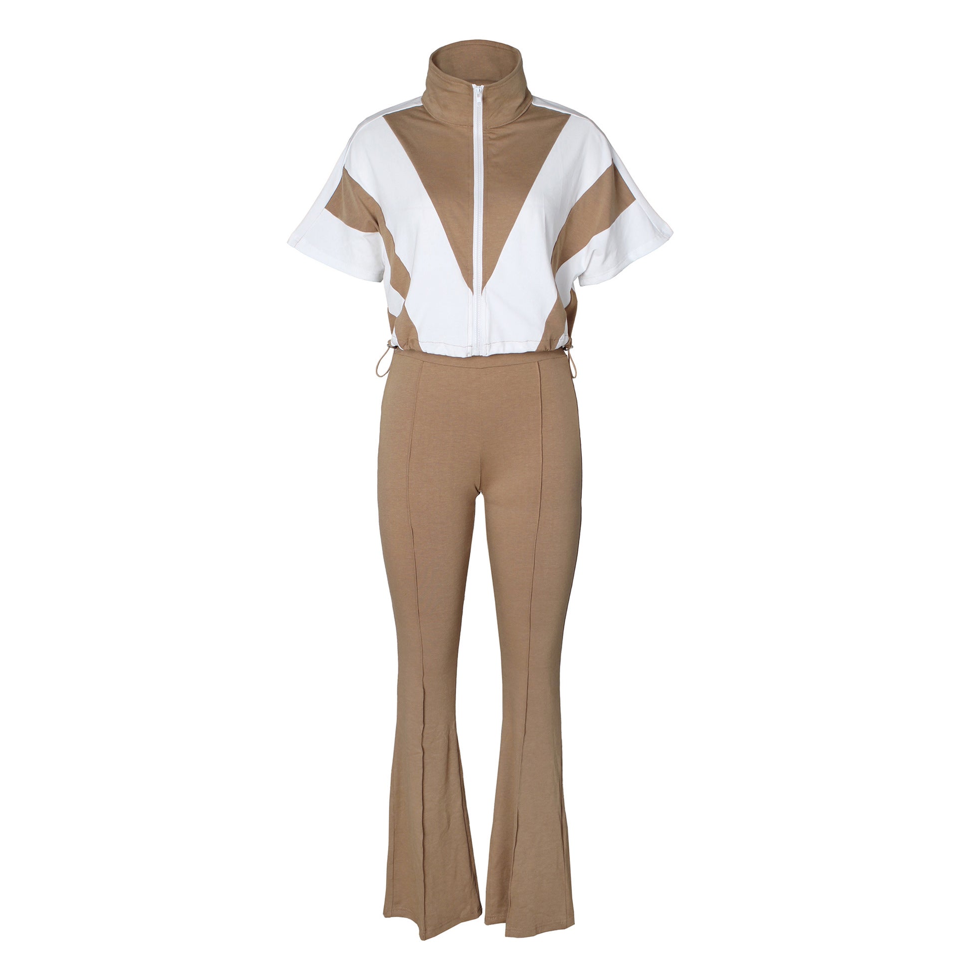 Casual Elastic Slim Waist Color Block Patchwork Sports Two Piece Pants Set for Women 18