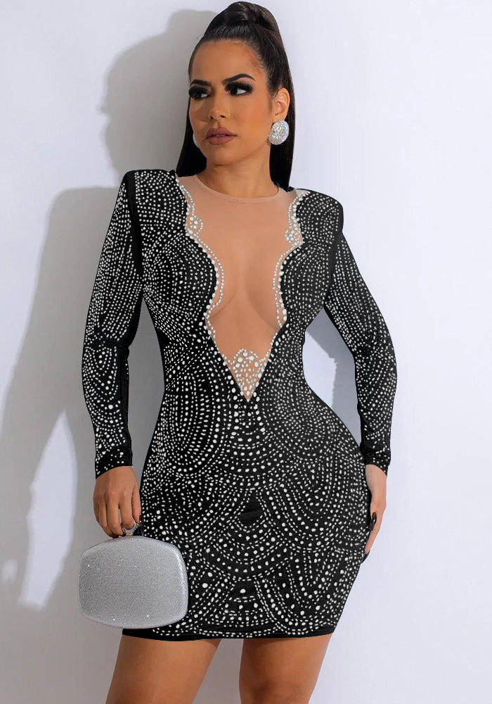 Women's Fashion Solid Color Beaded Mesh V-Neck Long Sleeve Dress（customized,MOQ 6pcs/size/color,process time 7-10 days）