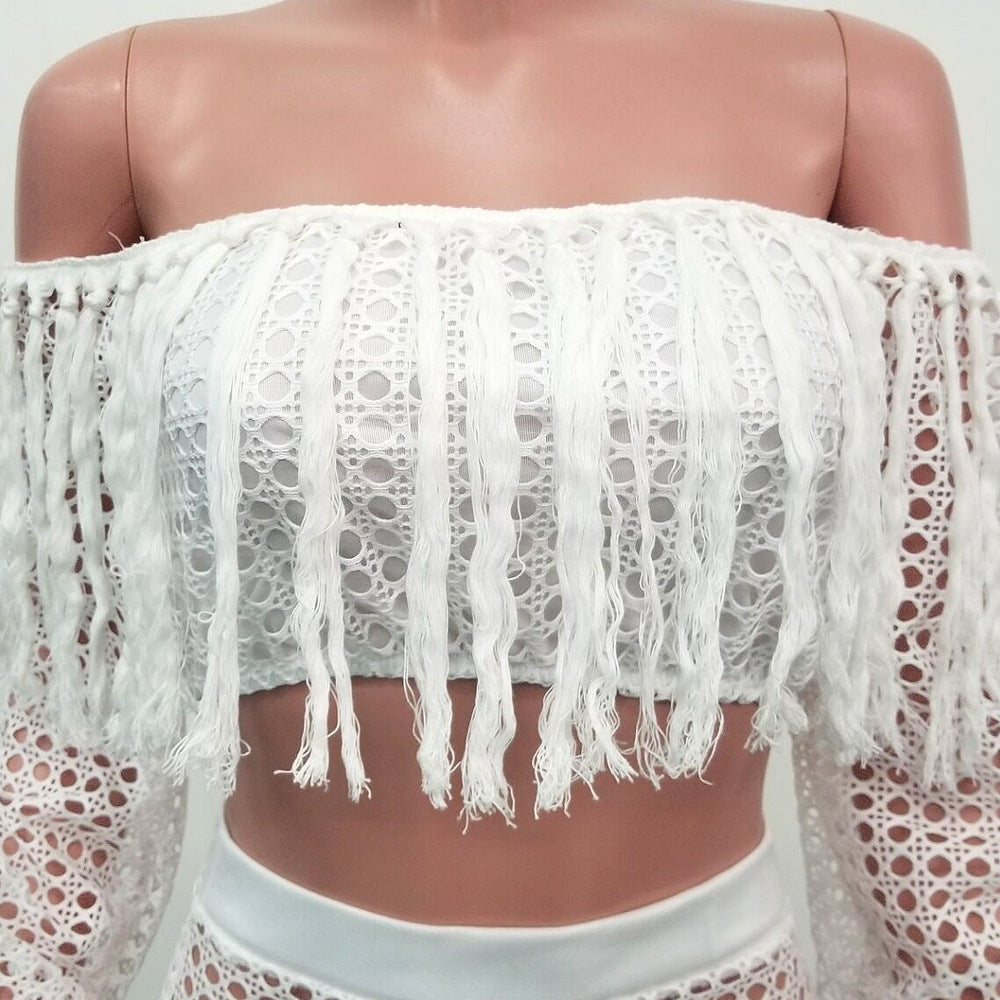 Summer Hollow Sexy Fashion Mesh Tassel See-Through Two-Piece Skirt Set 19