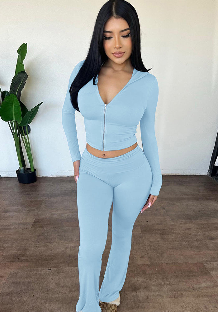 Women's autumn and winter zipper long sleeve hooded top Bell Bottom pants fashion Casual two piece set 9