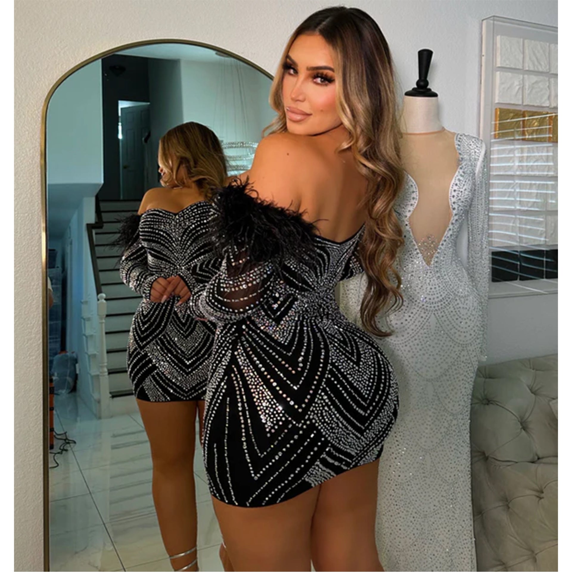 Women's Beaded Feather Off Shoulder Bodycon Dress 4