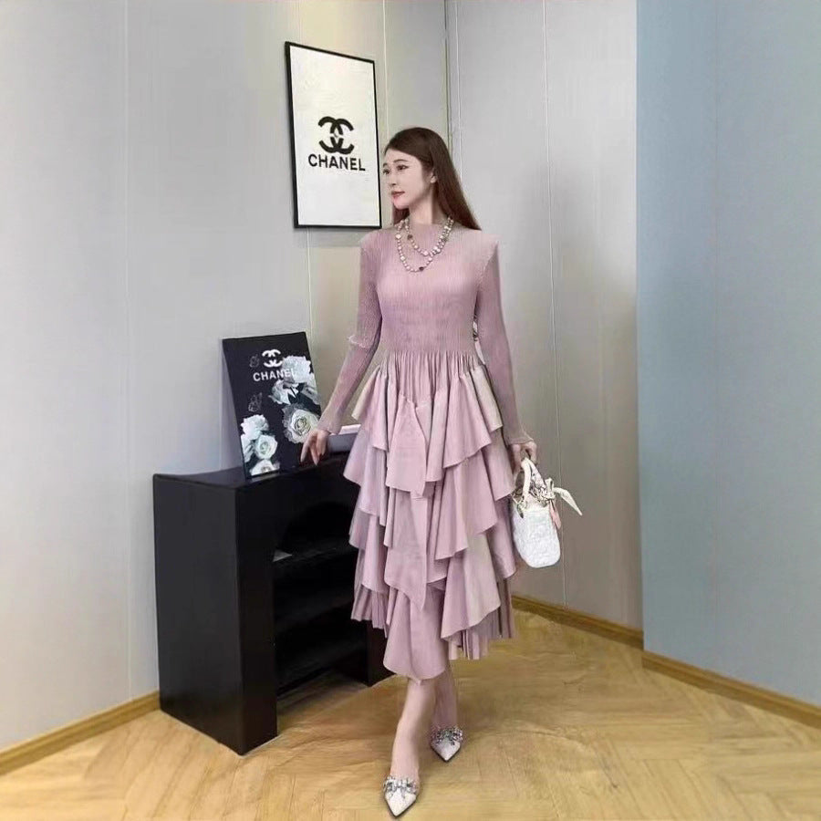 Plus Size Fashion Flounce Chic Slim Waist Elegant Solid Cascading Ruffles Dress 11