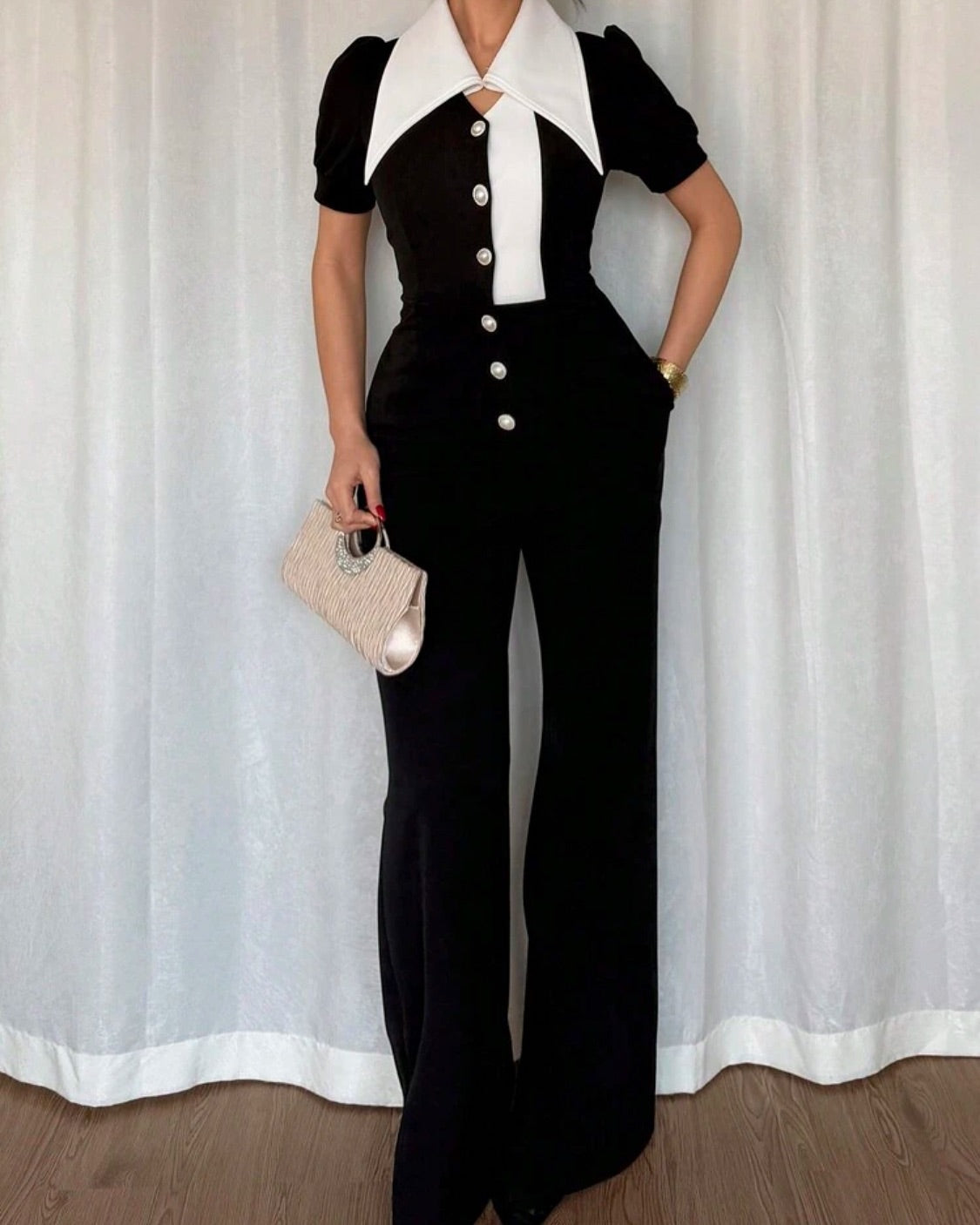 Women Fashion Contrast Sleeveless Button Jumpsuits 6